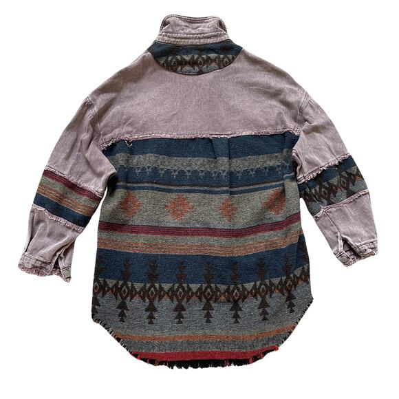 Rare POL Aztec Shacket M | Western Patchwork Jacket, Fringe Hem, Oversized Fit - Picture 3 of 6